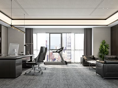 Modern Office Interior With Desk Office Chair Computer Treadmill Sofa Plant And Large Windows 3d model