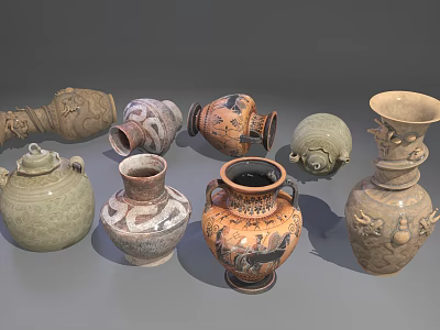 Collection of Decorative Ceramic Vessels with Traditional Patterns and Artistic Details 3d model