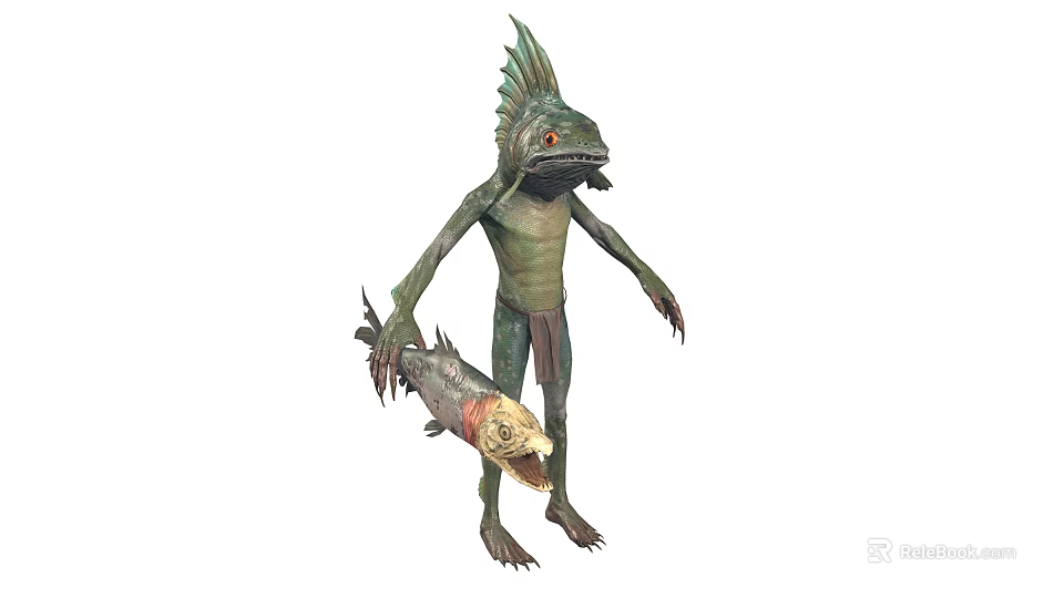 Game and Movie Character With Green Skin Finned Back Long Arms Clawed Hands Holding Fish 3d model 