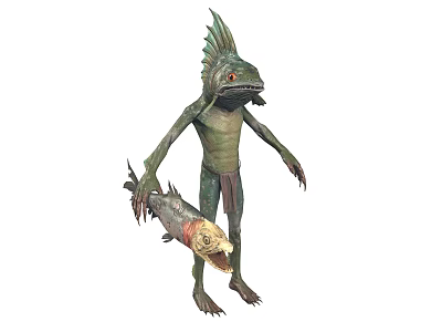 Game and Movie Character With Green Skin Finned Back Long Arms Clawed Hands Holding Fish 3d model