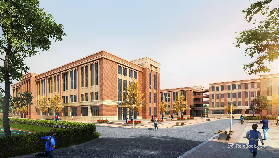 Red Brick School Buildings With Classroom Wings Green Trees Lawns And Student Activity Plaza 3d model 