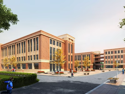 Red Brick School Buildings With Classroom Wings Green Trees Lawns And Student Activity Plaza 3d model