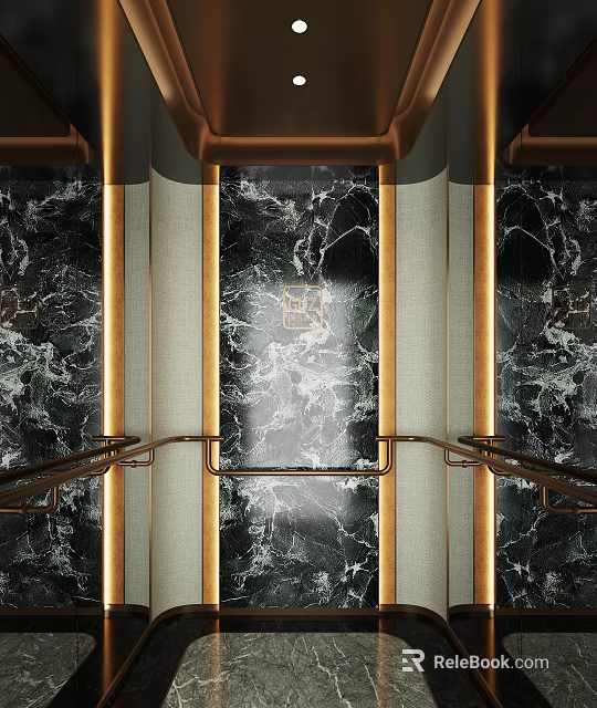 Luxurious Modern Elevator Hallway With Polished Marble Walls And Gold Accent Handrails 3d model 