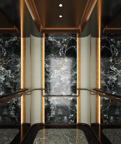 Luxurious Modern Elevator Hallway With Polished Marble Walls And Gold Accent Handrails 3d model