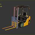 Yellow Forklift Truck With Black Cab And Front Forks On Reflective Surface