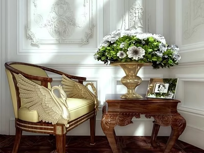 Vintage Armchair With Wooden Armrests Beige Cushion Near Decorative Vase White Green Flowers Photo Frame 3d model