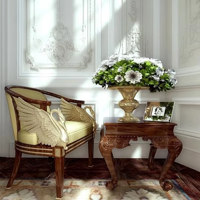 Vintage Armchair With Wooden Armrests Beige Cushion Near Decorative Vase White Green Flowers Photo Frame 3d model