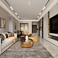 Modern Living And Dining Room Interior With Sofa Coffee Table TV Wall And Artwork