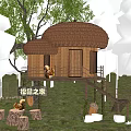 Wooden House in Forest with Mushroom Shaped Roof Wooden Platform and Squirrel Elements