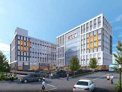 Modern Industrial Factory Building With Glass Curtain Wall Parking Area And Pedestrians 3d model