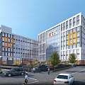 Modern Industrial Factory Building With Glass Curtain Wall Parking Area And Pedestrians