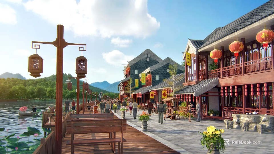 Scenic Traditional Commercial Street With Red Lanterns Wooden Buildings Flowers And Mountain Views 3d model 
