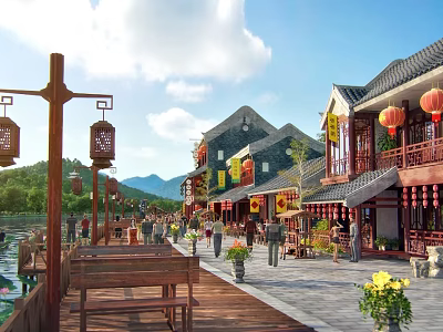 Scenic Traditional Commercial Street With Red Lanterns Wooden Buildings Flowers And Mountain Views 3d model