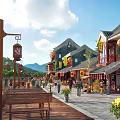 Scenic Traditional Commercial Street With Red Lanterns Wooden Buildings Flowers And Mountain Views