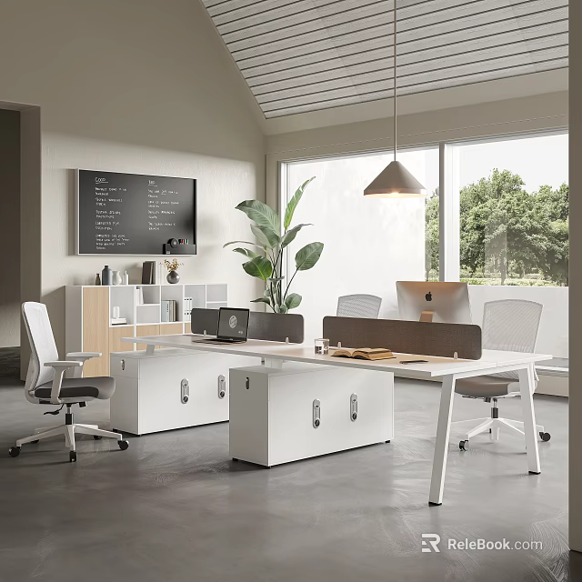 Modern Office Desk Setup With Office Chair Potted Plant Storage Cabinet And Whiteboard 3d model 