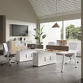 Modern Office Desk Setup With Office Chair Potted Plant Storage Cabinet And Whiteboard