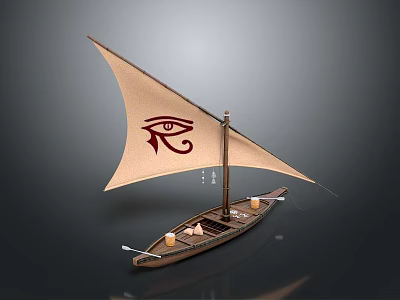 Traditional Wooden Water Vessel With Sail Featuring Red Eye Symbol and Small Candle Holders 3d model