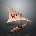 Traditional Wooden Water Vessel With Sail Featuring Red Eye Symbol and Small Candle Holders