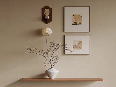 Abstract Painting Framed Artwork Display On Wall With Wooden Shelf Vase And Twigs 3d model