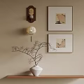 Abstract Painting Framed Artwork Display On Wall With Wooden Shelf Vase And Twigs