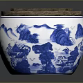 Blue And White Porcelain Jar With Landscape Pattern And Wooden Lid