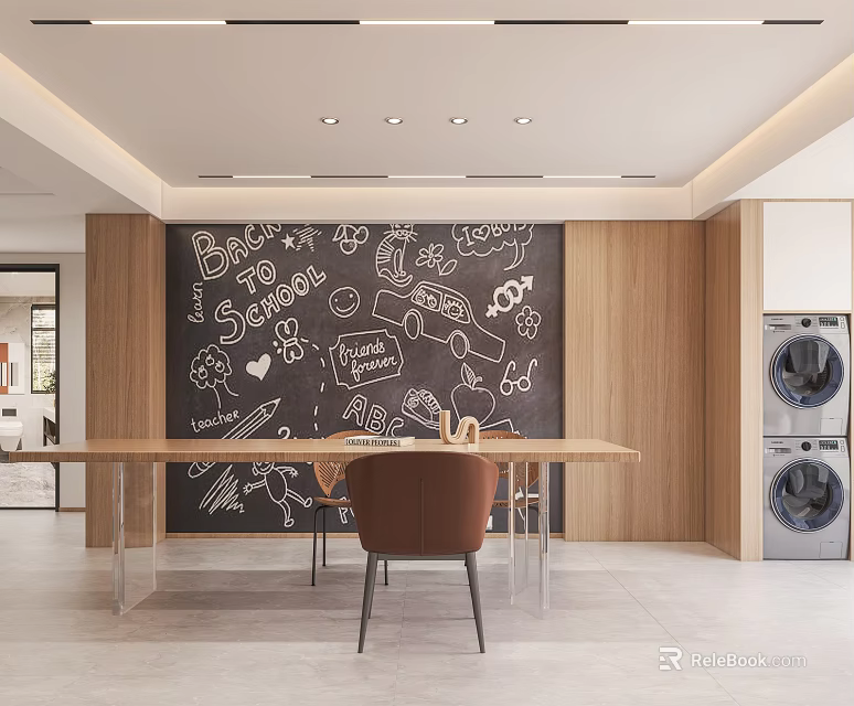 Modern Restaurant Interior With Blackboard Wall Hand Drawn Illustrations Dining Table And Chairs 3d model 