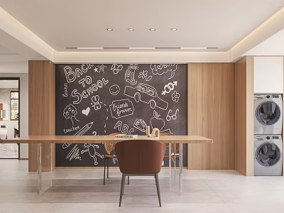 Modern Restaurant Interior With Blackboard Wall Hand Drawn Illustrations Dining Table And Chairs 3d model
