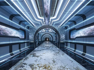 Futuristic KTV Corridor Interior With Blue Neon Lights And Smooth Floor Design 3d model