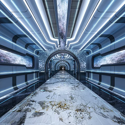 Futuristic KTV Corridor Interior With Blue Neon Lights And Smooth Floor Design 3d model