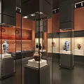 Museum Exhibition Hall Featuring Glass Display Cases Ceramic Vases And Orange Decorative Walls