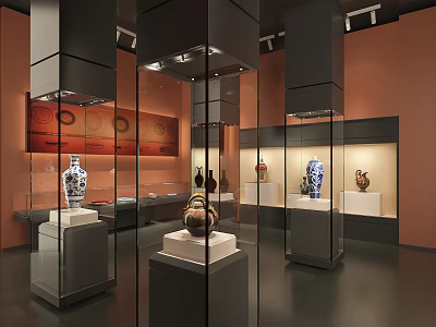Museum Exhibition Hall Featuring Glass Display Cases Ceramic Vases And Orange Decorative Walls 3d model
