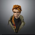 3D Female Character Bust With Orange Braided Hair Dark Turtleneck Buttoned Coat And Necklace
