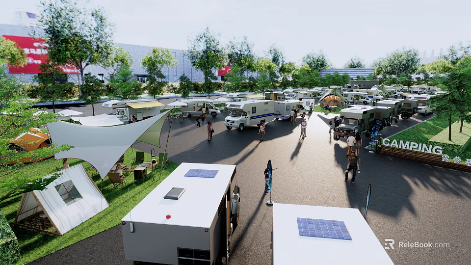 Outdoor RV Camping Area With Tents People Trees And Solar Panels 3d model 
