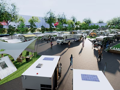 Outdoor RV Camping Area With Tents People Trees And Solar Panels 3d model