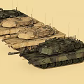Multiple Military Combat Tanks in Different Colors Arranged on Light Background 3d model