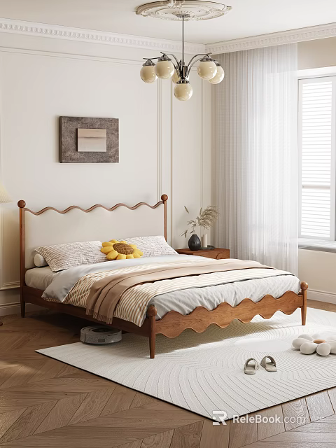 Cozy Double Bed with Scalloped Wooden Headboard Sunflower Pillow and Striped Blanket 3d model 