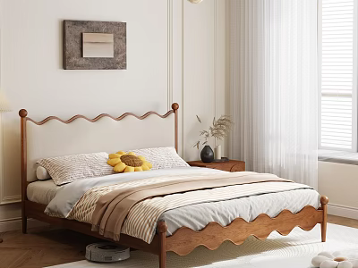 Cozy Double Bed with Scalloped Wooden Headboard Sunflower Pillow and Striped Blanket 3d model