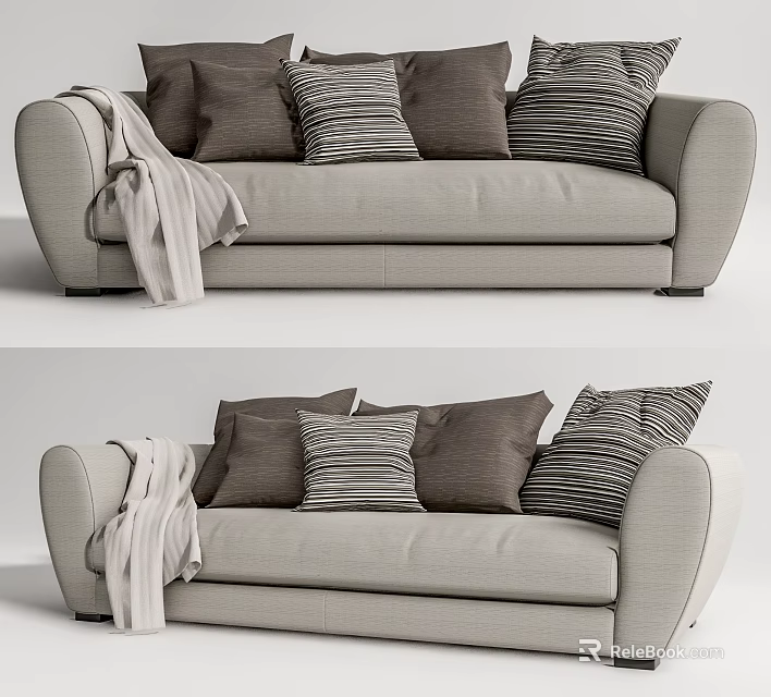 Light Gray Sofa Featuring Dark Brown Striped Pillows And Light Colored Blanket On Armrest 3d model 