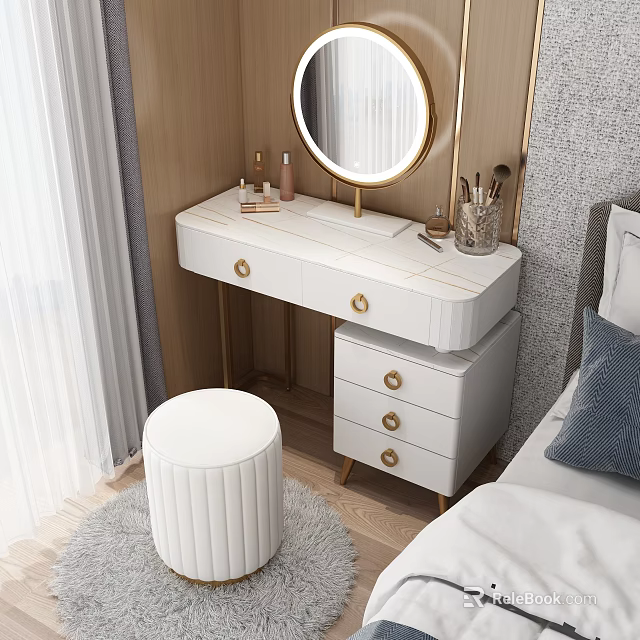 White Dressing Table With Gold Accents Round Mirror Makeup Brushes And White Stool 3d model 