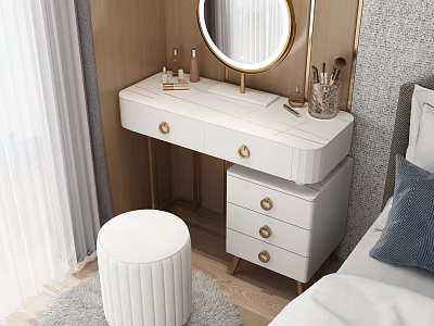 White Dressing Table With Gold Accents Round Mirror Makeup Brushes And White Stool 3d model