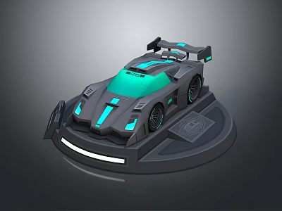 Futuristic Gray Race Car With Teal Accents And Neon Lights On Display Stand 3d model