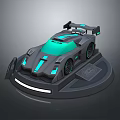 Futuristic Gray Race Car With Teal Accents And Neon Lights On Display Stand
