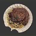 Spaghetti with Rich Tomato Meat Sauce Topped with Fresh Herbs on White Plate