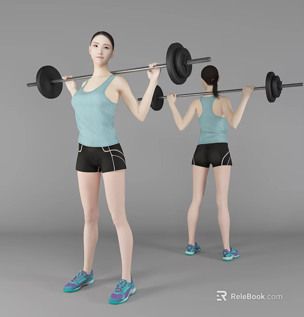 A woman lifting barbell in light blue tank top and black shorts with sports shoes 3d model 