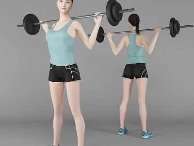 A woman lifting barbell in light blue tank top and black shorts with sports shoes 3d model
