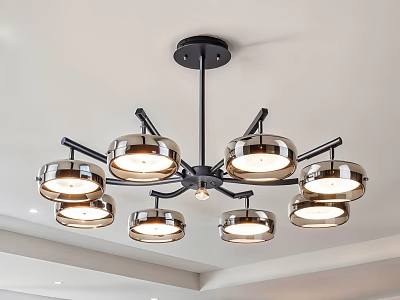Modern Ceiling Chandelier with Black Metal Arms and Multiple Shiny Lamp Shades 3d model