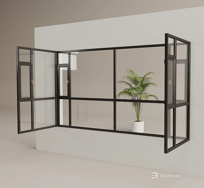 Open Floor to Ceiling Window with Black Frame and Indoor Palm Plant in White Pot 3d model 