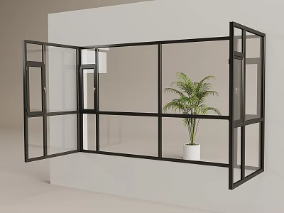 Open Floor to Ceiling Window with Black Frame and Indoor Palm Plant in White Pot 3d model