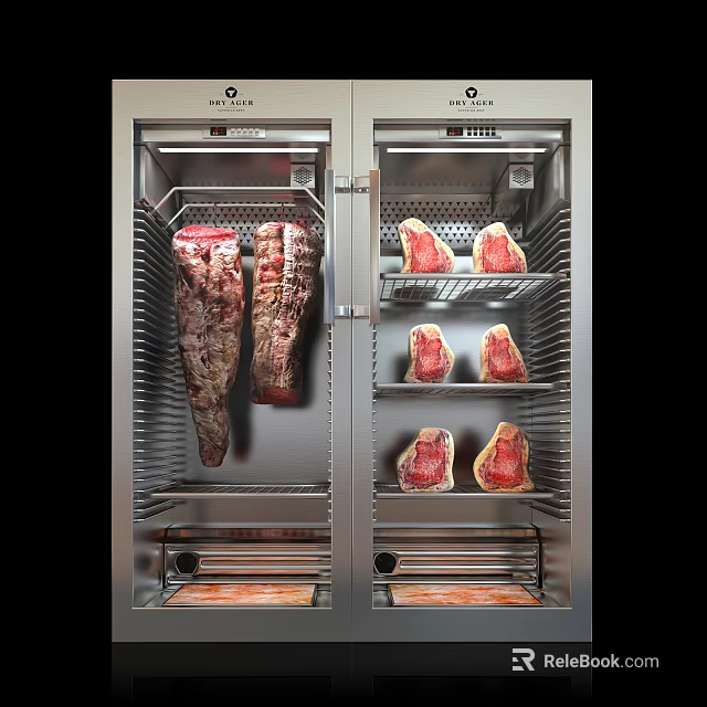 Commercial Stainless Steel Double Door Meat Aging Cabinet With Hanging Meat And Shelf Storage 3d model 