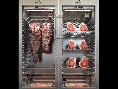 Commercial Stainless Steel Double Door Meat Aging Cabinet With Hanging Meat And Shelf Storage 3d model